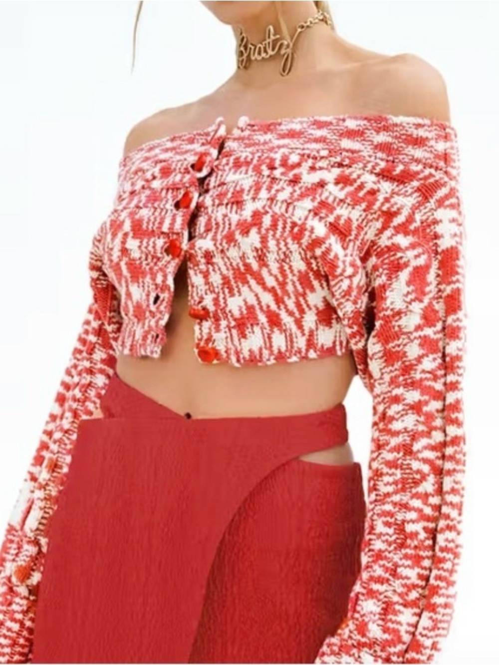 cult gaia Marressa off-shoulder cropped cardigan in cherry red